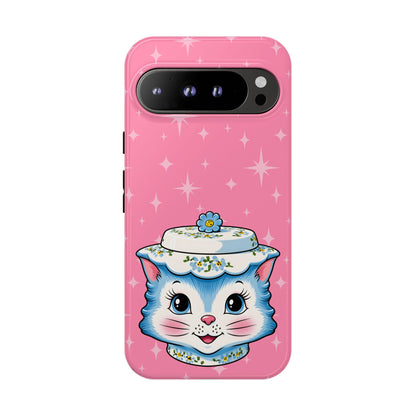 Mid Century Modern Kitschy Anthropomorphic Blue Cat with Floral Hat Tough Phone Case