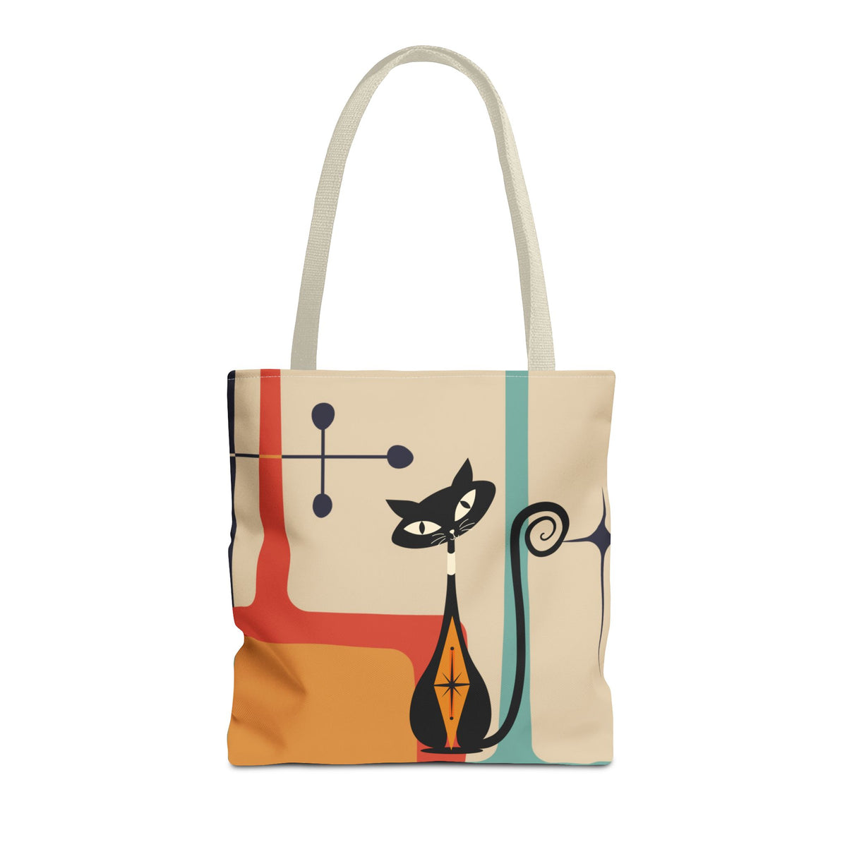 Mid-century modern tote bag featuring an atomic cat design with retro colors and geometric patterns.