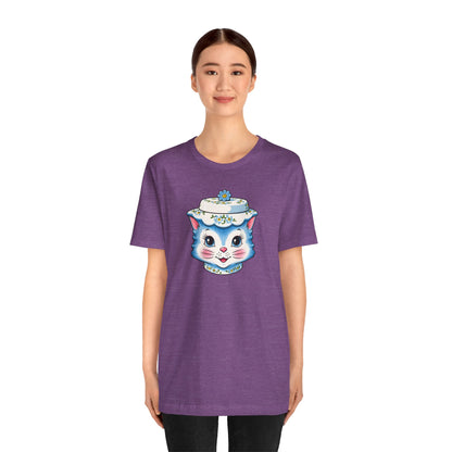 Mid Century Modern Kitschy Anthropomorphic Blue Cat with Floral Hat Unisex T-Shirt