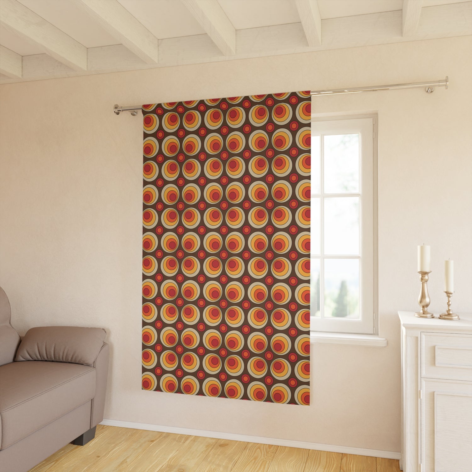 Groovy Retro 70s Space Orbs, Brown, Orange Yellow Mid Mod Window Curtains (1 Piece) - Mid Century Modern Gal
