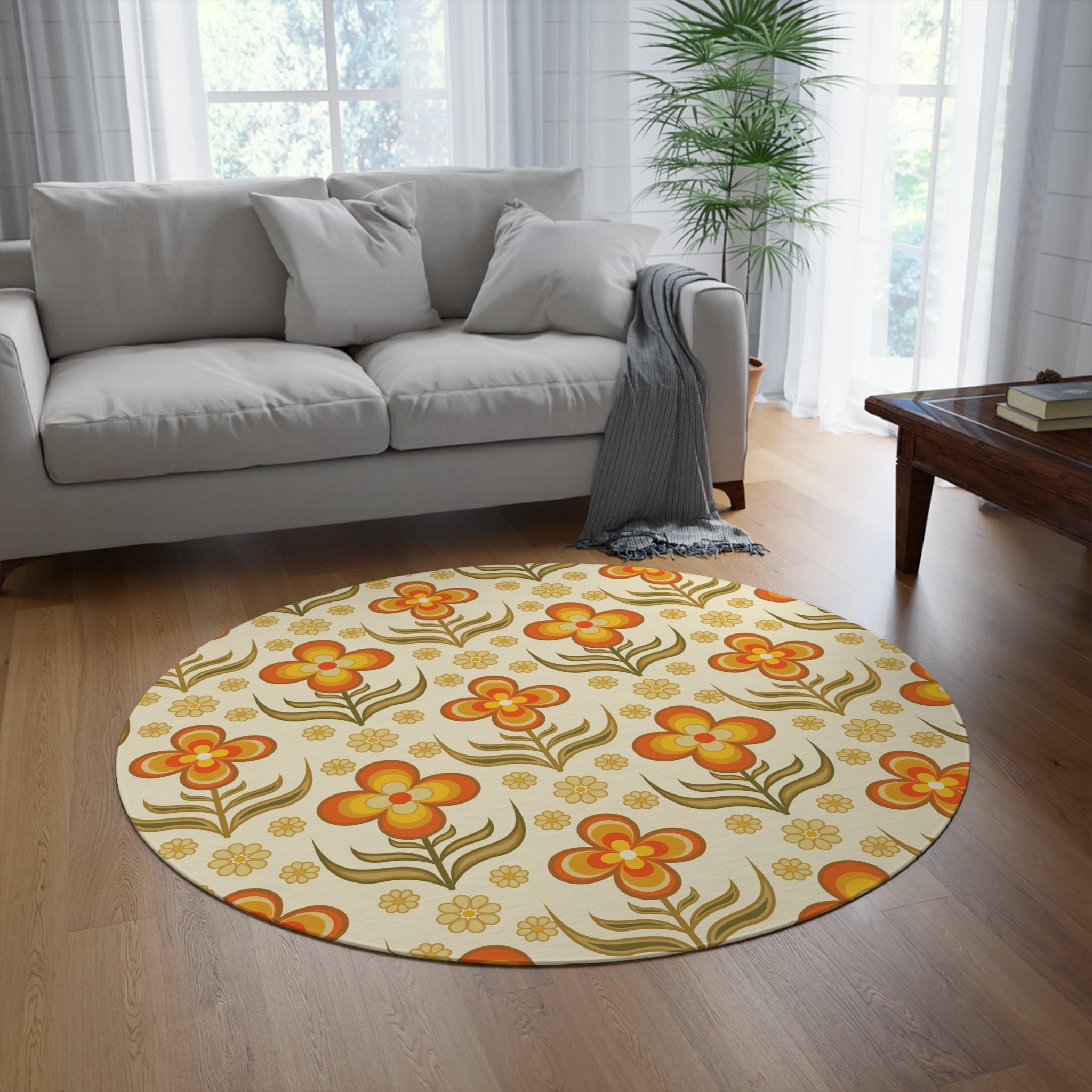 70s Round Rug, Orange, Green, Golden Yellow Floral Pattern