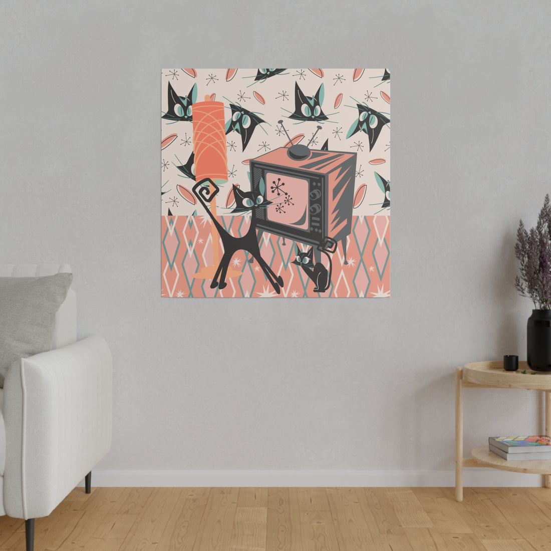 Atomic Cat Art, Quirky, Kitschy Whimsical Kittie Lover, Retro TV, Coral, Peach, Teal Blue, Mid Century Modern Wall Art