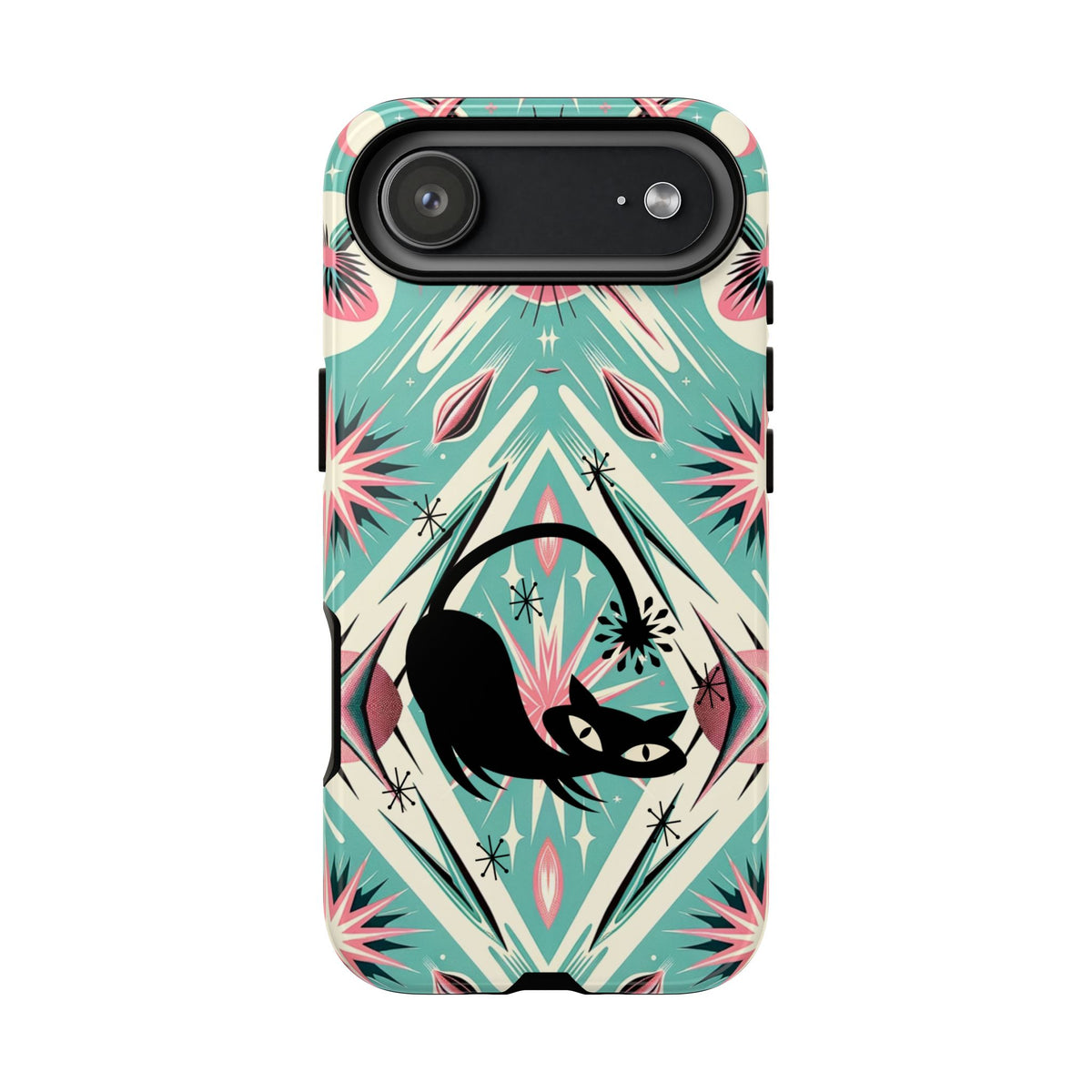 Atomic Cat, Mid Century Modern Aqua Blue, Pink, Starbursts Tough Phone Case