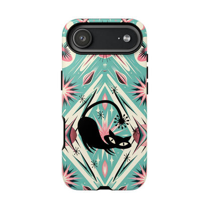 Atomic Cat, Mid Century Modern Aqua Blue, Pink, Starbursts Tough Phone Case