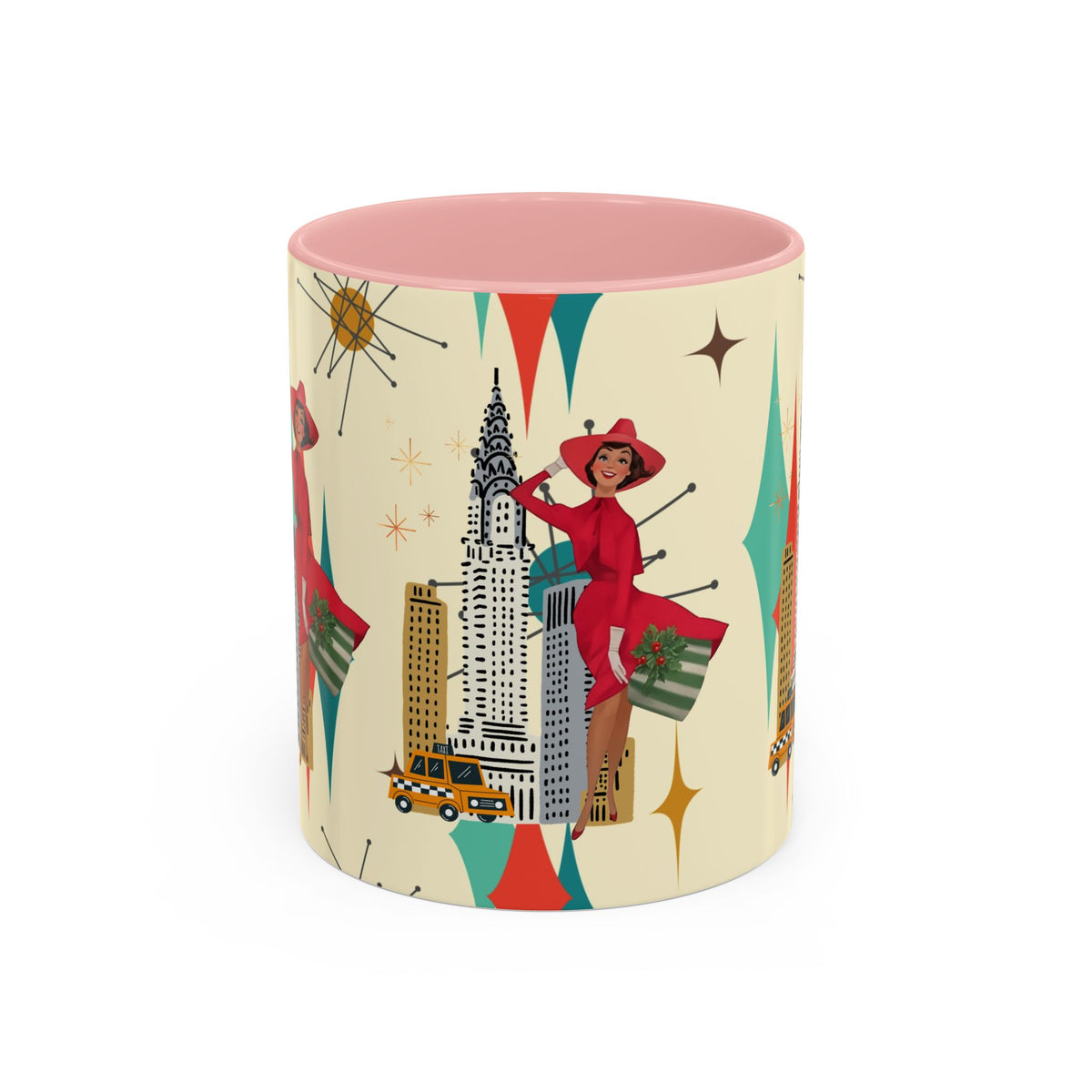 Mid Century Modern Kitschy Christmas Gal, Franciscan Starburst Diamond Retro Chic Accent Coffee Mug - Vintage Cityscape Design - Mid Century Modern Gal