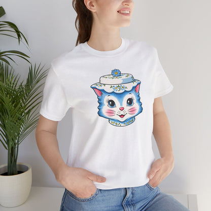 Mid Century Modern Kitschy Anthropomorphic Blue Cat with Floral Hat Unisex T-Shirt