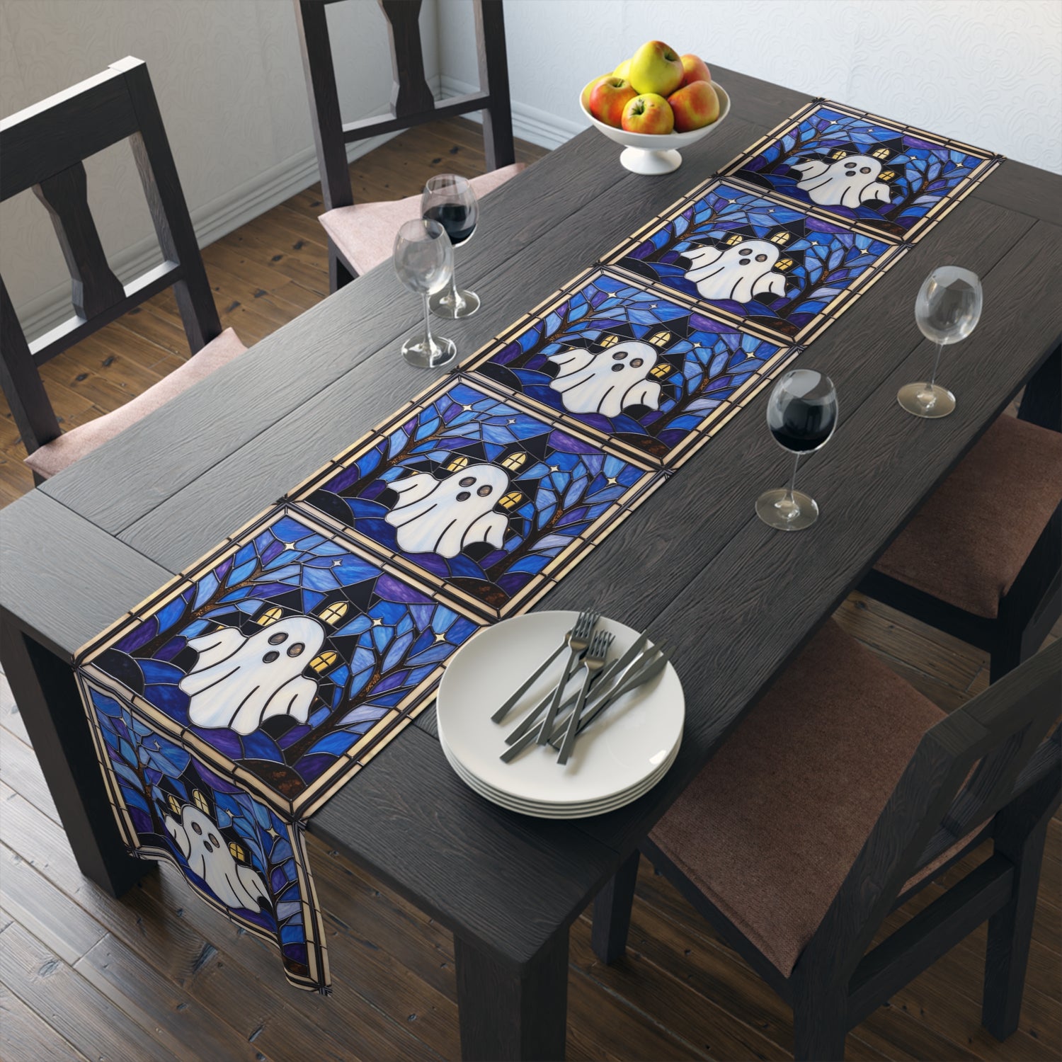 Halloween Stained Glass Style Ghost Haunted House Table Runner