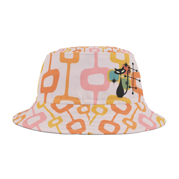Atomic Cat Mid Mod Summer Bucket Hat In Pink, Orange Yellow Geometric Mod Design