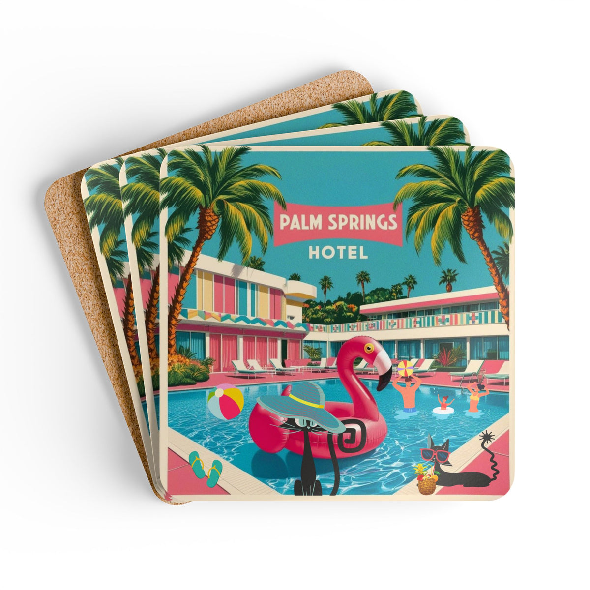 Old Palm Springs California, 50s Flamingo, Atomic Cats Kitschy MCM Barware  Coaster Set - Vintage Tropical Drink Drinkware - Mid Century Modern Gal