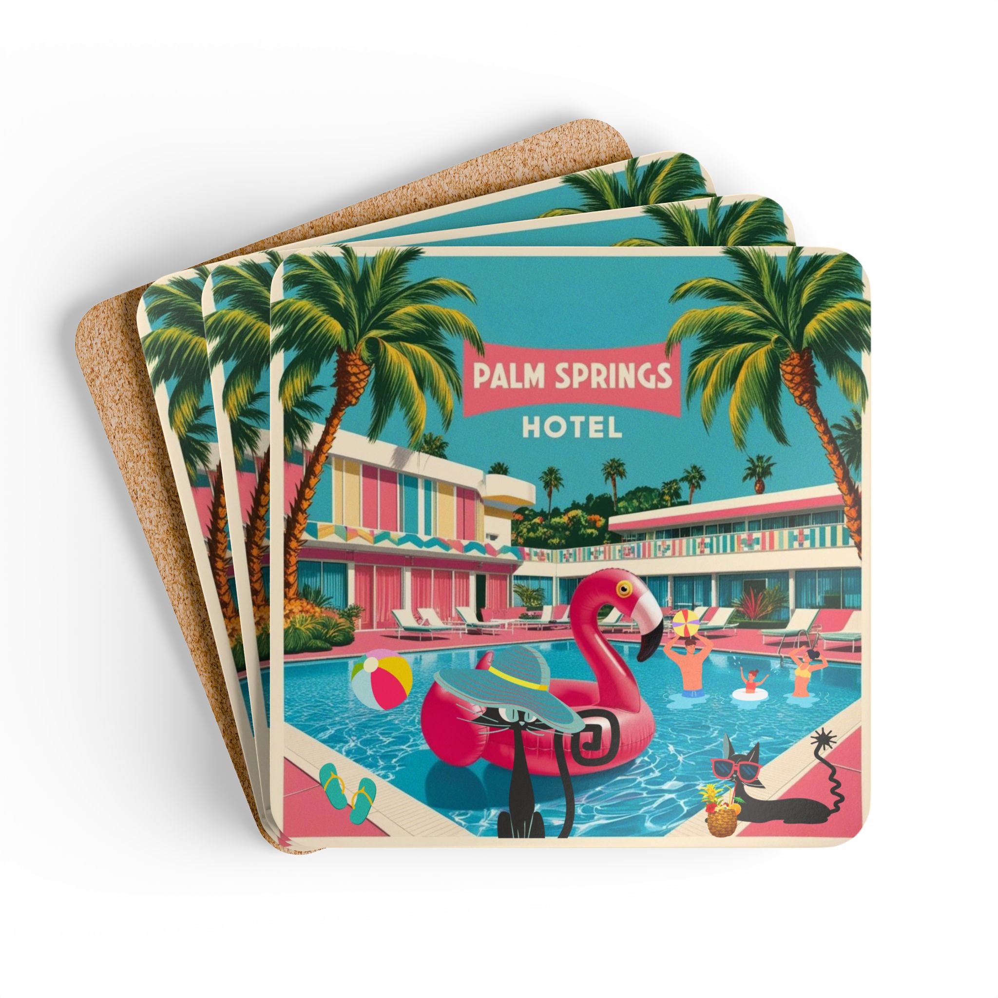 Old Palm Springs California, 50s Flamingo, Atomic Cats Kitschy MCM Barware  Coaster Set - Vintage Tropical Drink Drinkware - Mid Century Modern Gal