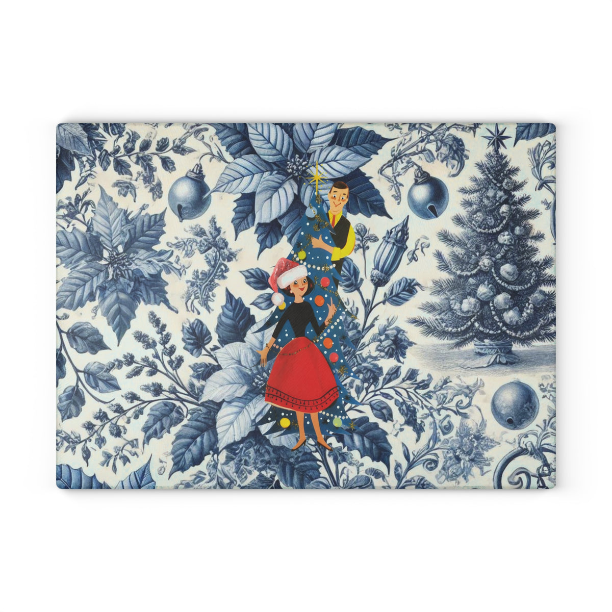 Christmas Toile, Blue White Kitschy Mod 50s Style Holiday Cheese Glass Cutting Board - Mid Century Modern Gal