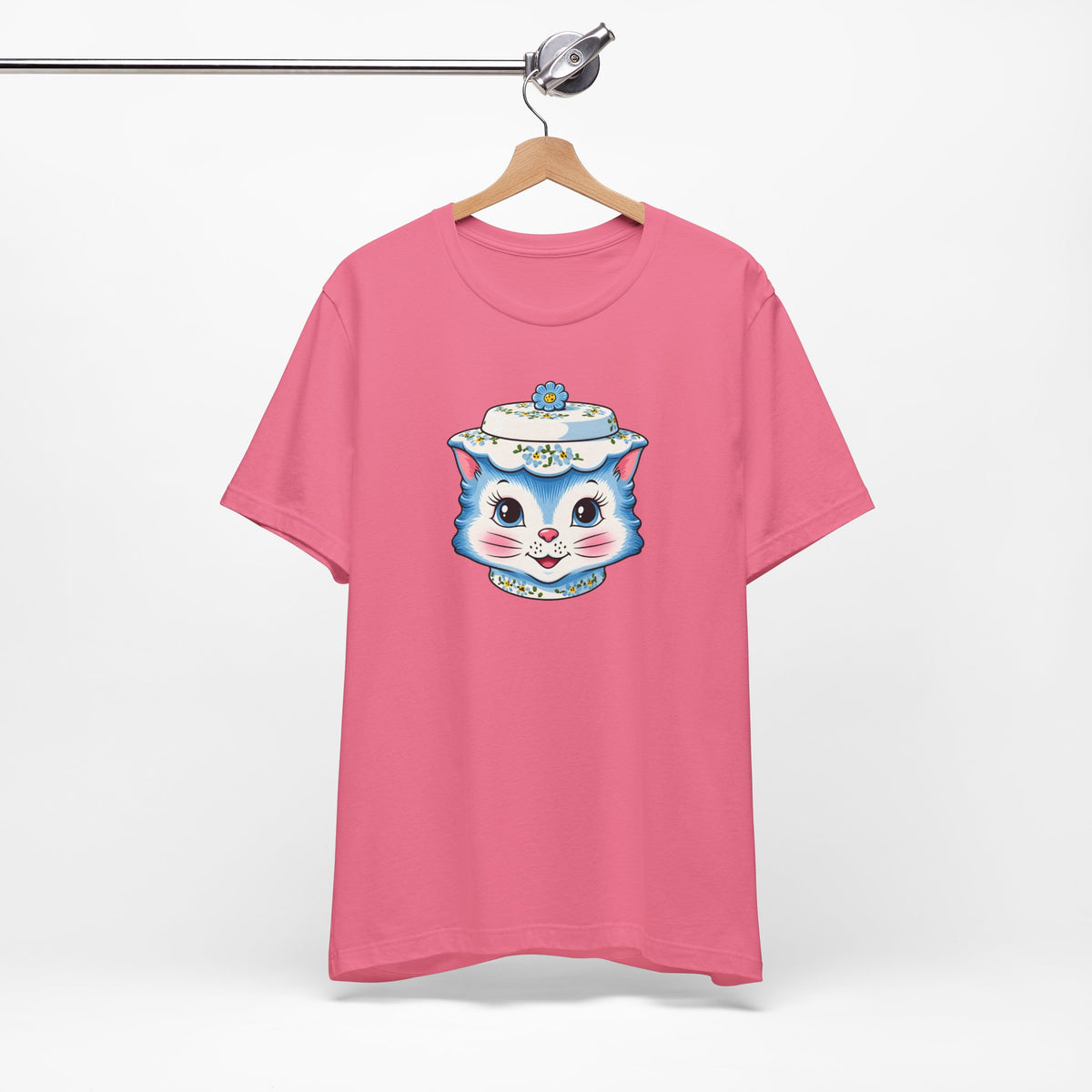 Mid Century Modern Kitschy Anthropomorphic Blue Cat with Floral Hat Unisex T-Shirt