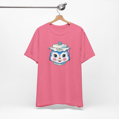 Mid Century Modern Kitschy Anthropomorphic Blue Cat with Floral Hat Unisex T-Shirt