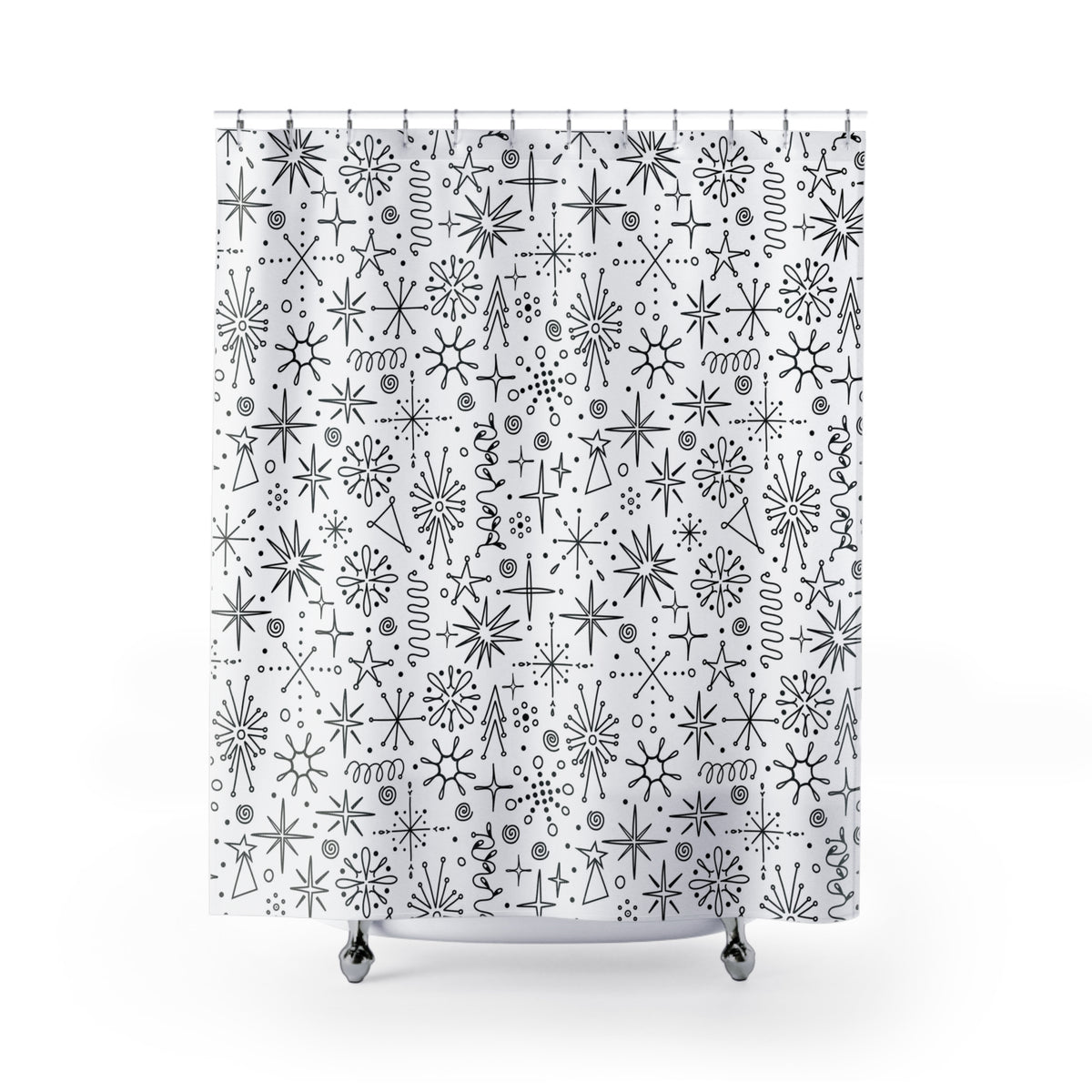 Atomic Space Doodle Art Retro Mod Shower, Black And White Shower Curtain - Mid Century Modern Gal