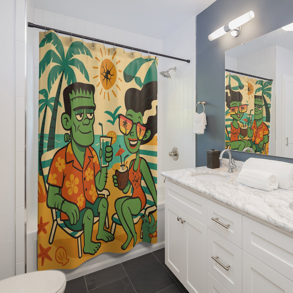 Retro Frankenstein And Bride, Kitschy Mod Monster Shower Curtain - Fun Tropical Design with Vintage Vibe - Mid Century Modern Gal