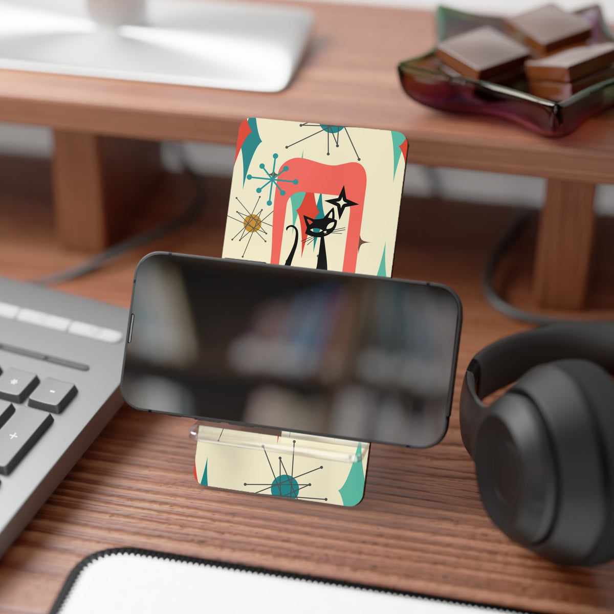 Atomic Cat Franciscan Starburst Retro Cat Mobile Display Stand – Chic Smartphone Holder with Vintage Design - Mid Century Modern Gal