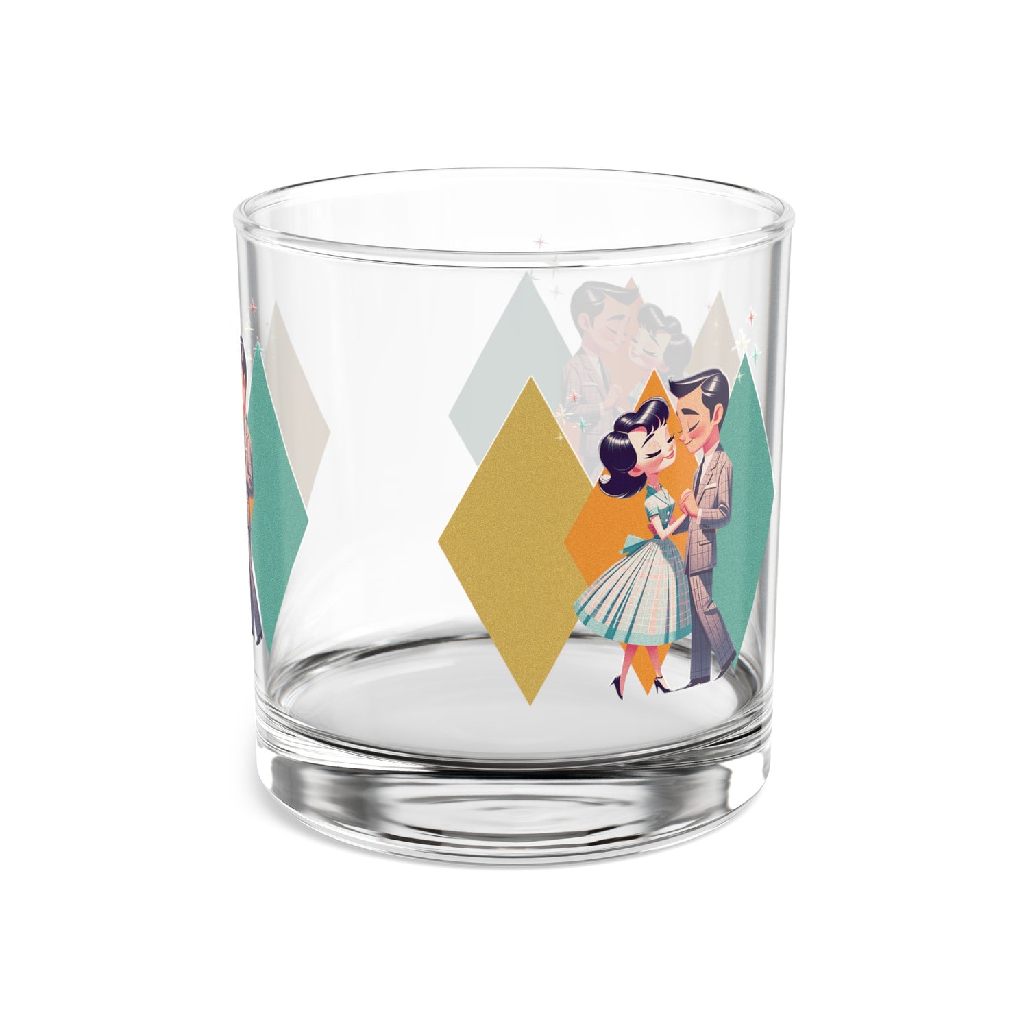 50s Mod Couple Bourbon Lover, Kitschy Cocktail Rocks Glass, 10oz