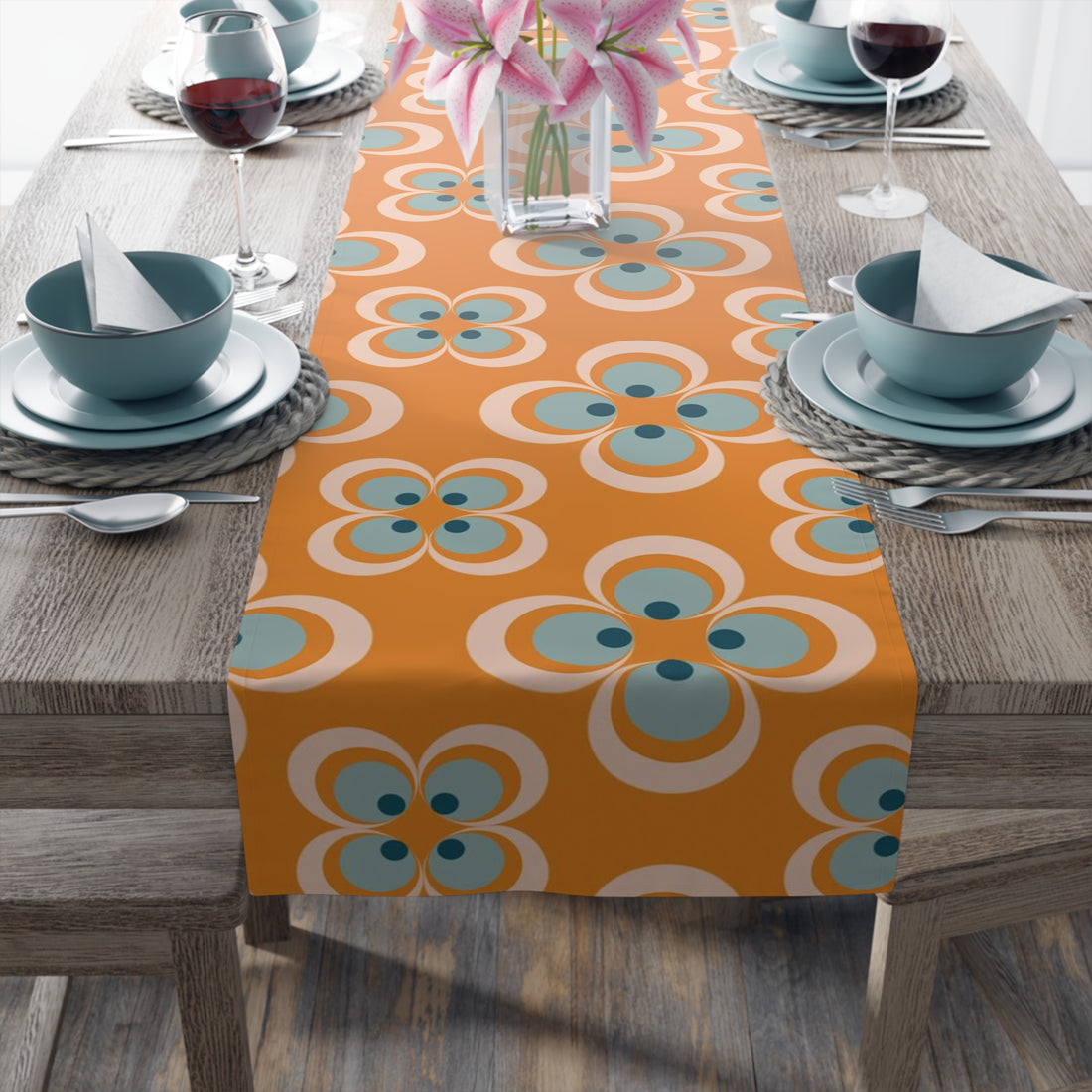 Mid Century Modern Table Runner, Retro Scandinavian Modern Danish Geometric Design, Orange, Blue Table Runner