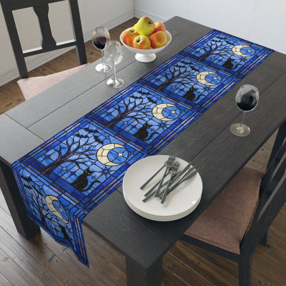 Halloween Stained Glass Style Night Sky Black Cat Table Runner