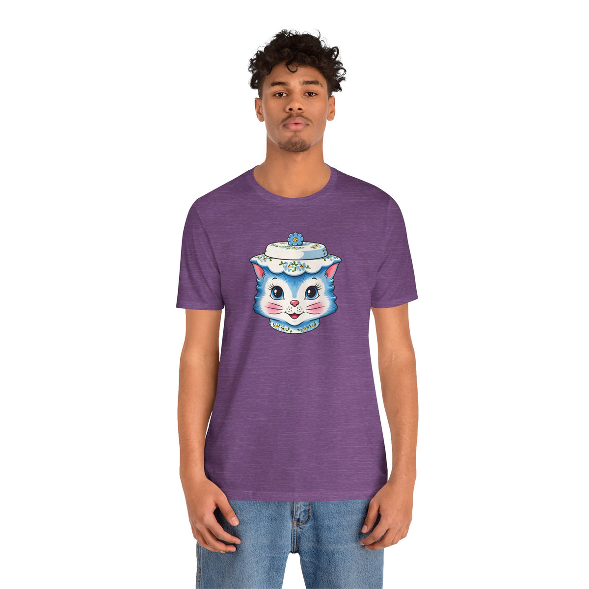 Mid Century Modern Kitschy Anthropomorphic Blue Cat with Floral Hat Unisex T-Shirt