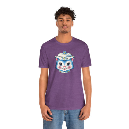 Mid Century Modern Kitschy Anthropomorphic Blue Cat with Floral Hat Unisex T-Shirt
