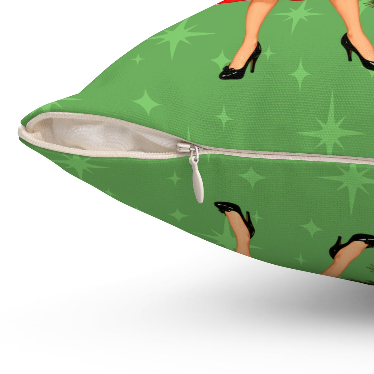 Mid Century Modern Gal Decorating Christmas Tree, Green Atomic Starbursts Pillow Cover and Insert