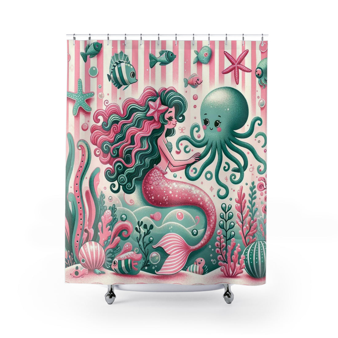 Vintage Mermaid Kitschy 50s Style, Pink, Mint Mid Century Modern Shower Curtains