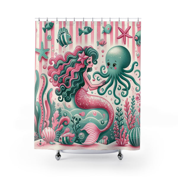 Vintage Mermaid Kitschy 50s Style, Pink, Mint Mid Century Modern Shower Curtains