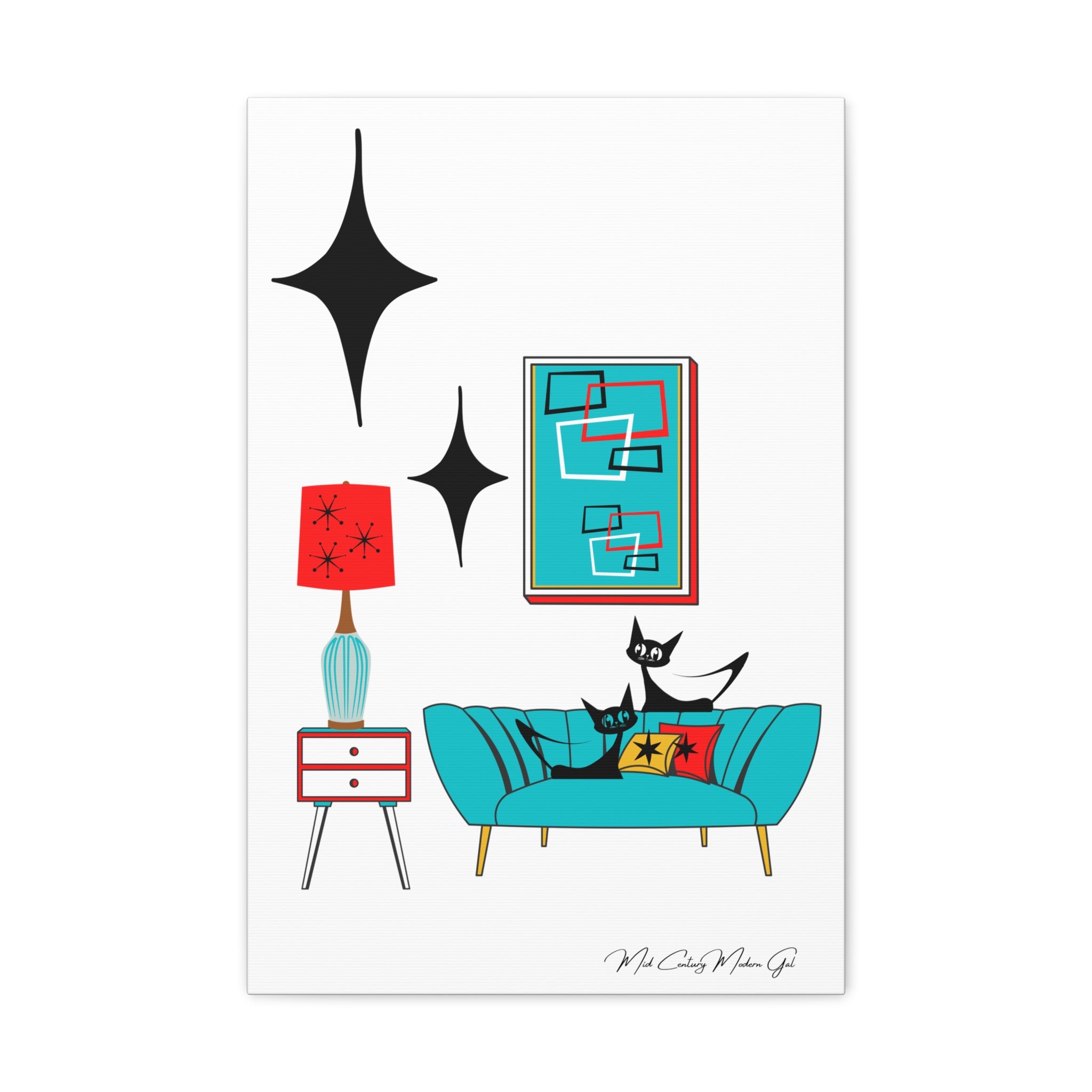 Mid Century Modern Wall Art, Atomic Cat Living Room Retro. Teal Blue, Red, Black Canvas Art