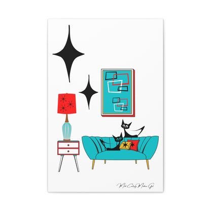 Mid Century Modern Wall Art, Atomic Cat Living Room Retro. Teal Blue, Red, Black Canvas Art