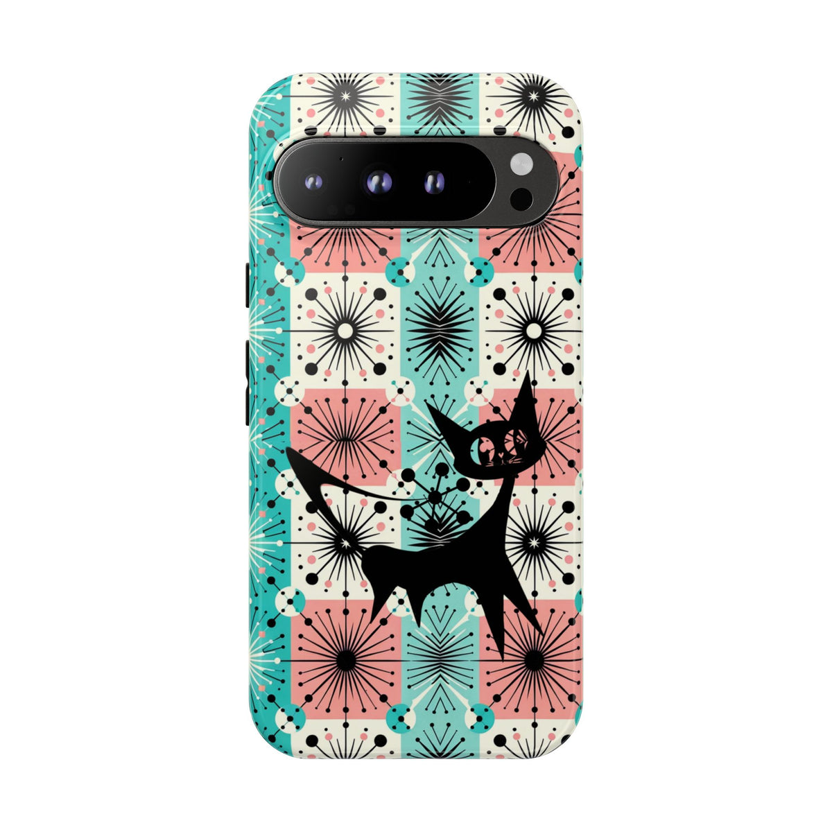 Atomic Kitschy Cat, Mid Century Modern Pink, Aqua Starbursts Tough Phone Case