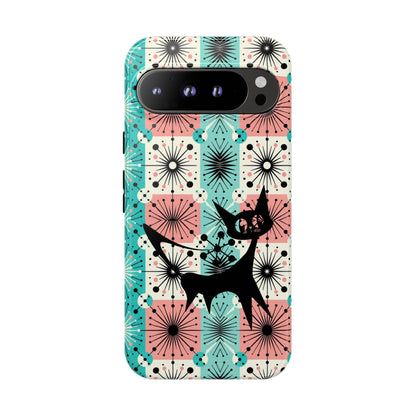 Atomic Kitschy Cat, Mid Century Modern Pink, Aqua Starbursts Tough Phone Case