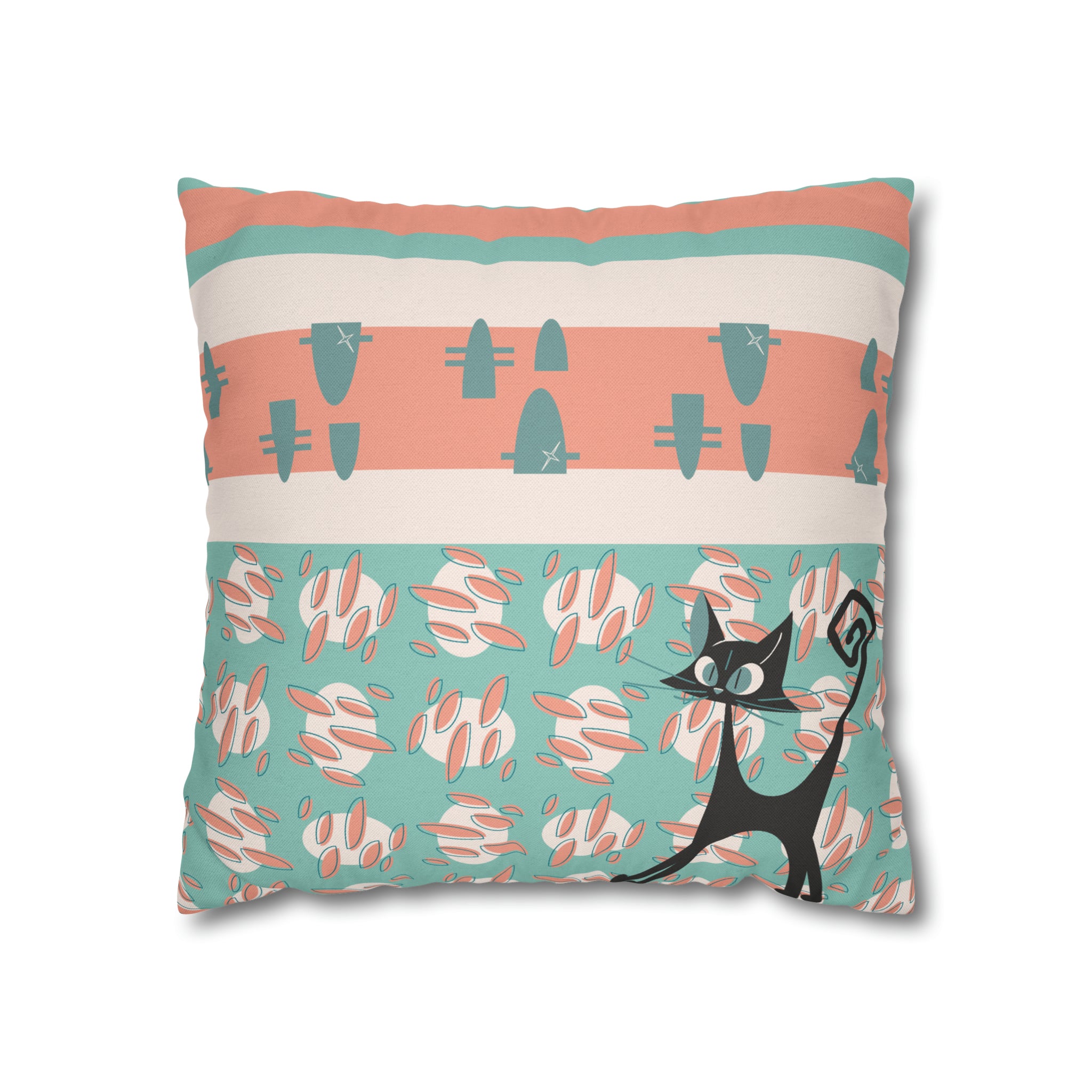 50s Nostalgic Atomic Cat Mid Century Modern Aqua, Coral Pink Peach, Kitschy Mid Century Modern Pillow Cover ONLY
