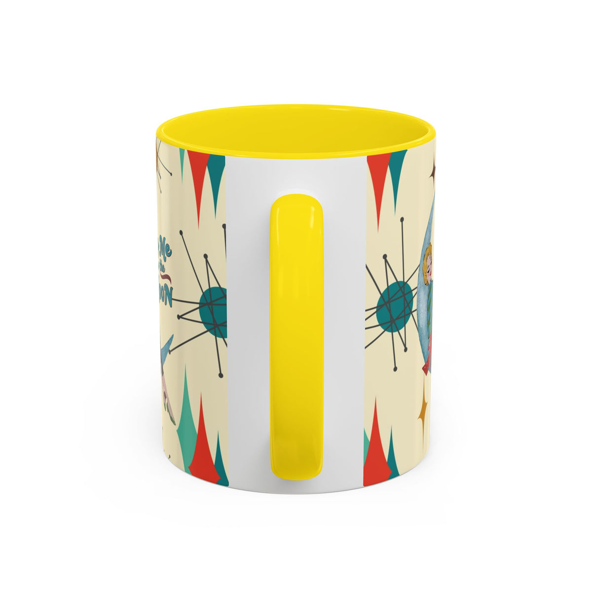 Mid Century Modern retro Christmas mug featuring a 'Fly Me to the Moon' design with vibrant colors and vintage accents.