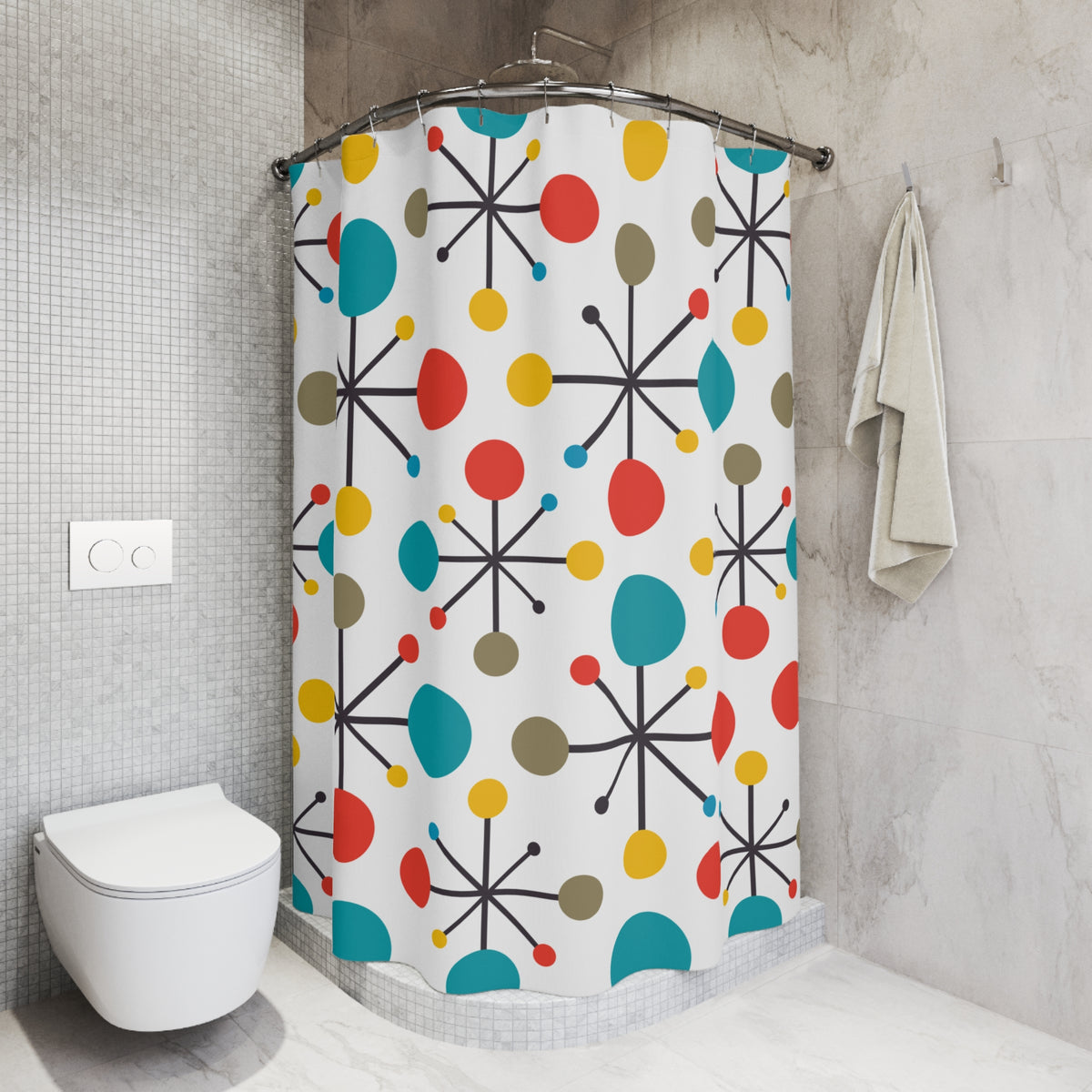 RETRO Atomic Mid Century Modern Teal, Green, Yellow, Starburst Clock MCM Home Decor Shower Curtains - Mid Century Modern Gal