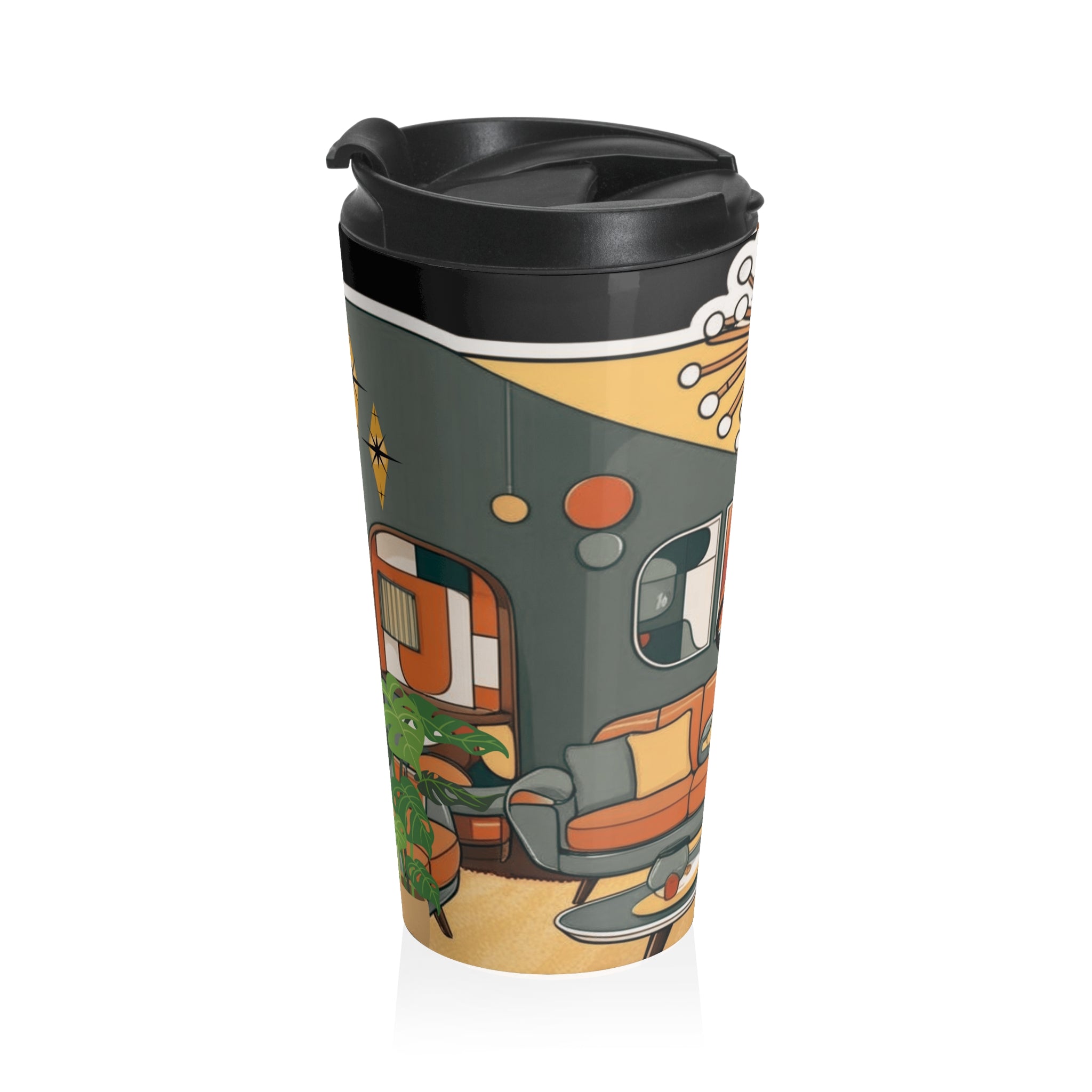 Mid-Century Modern Atomic Cat, Retro Stainless Steel Travel Mug - Stylish Coffee Cup for Home and Office - Mid Century Modern Gal