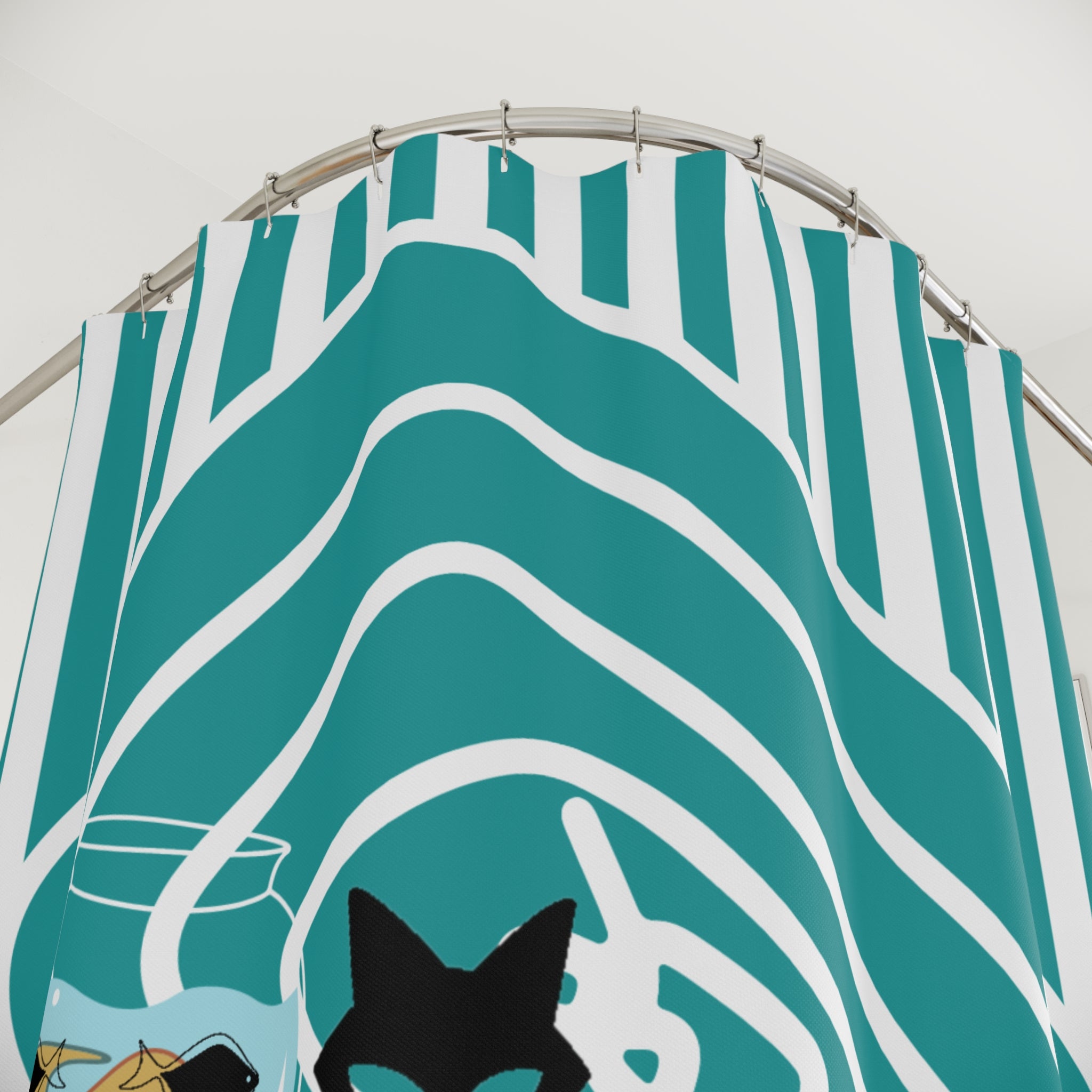 Atomic Cat Mid Century Modern Fish Art Modern Cat Shower Curtain – Vintage Aqua Stripes &amp; Whimsical Design - Mid Century Modern Gal