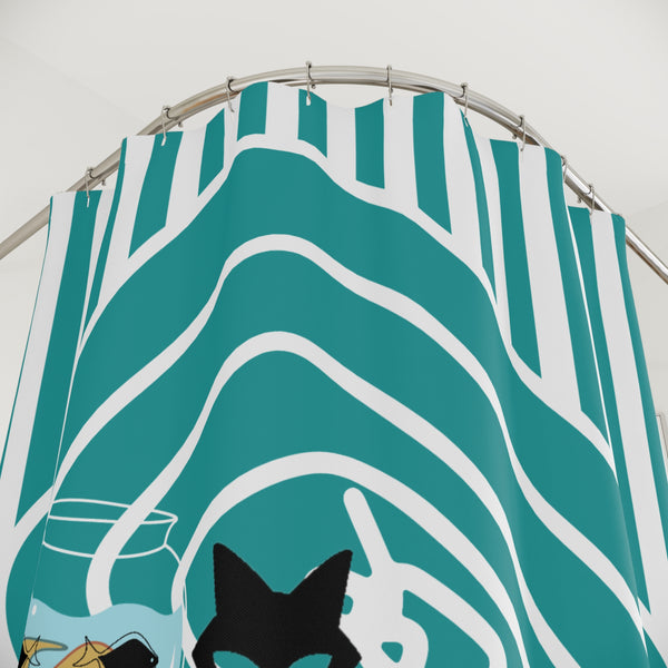 Atomic Cat Mid Century Modern Fish Art Modern Cat Shower Curtain – Vintage Aqua Stripes & Whimsical Design
