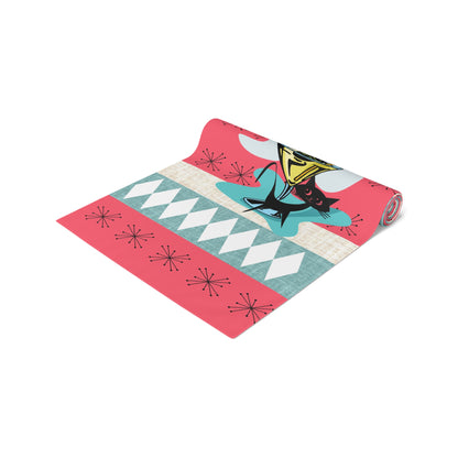 Atomic Martini Cat, Mid Mod Coral, Aqua, Starbursts Mid Century Modern Barware Table Runner - Mid Century Modern Gal