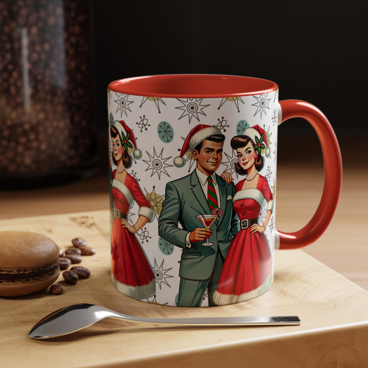 Mid Century Modern 50s Christmas mug featuring Franciscan Starburst pattern with retro holiday couple design.