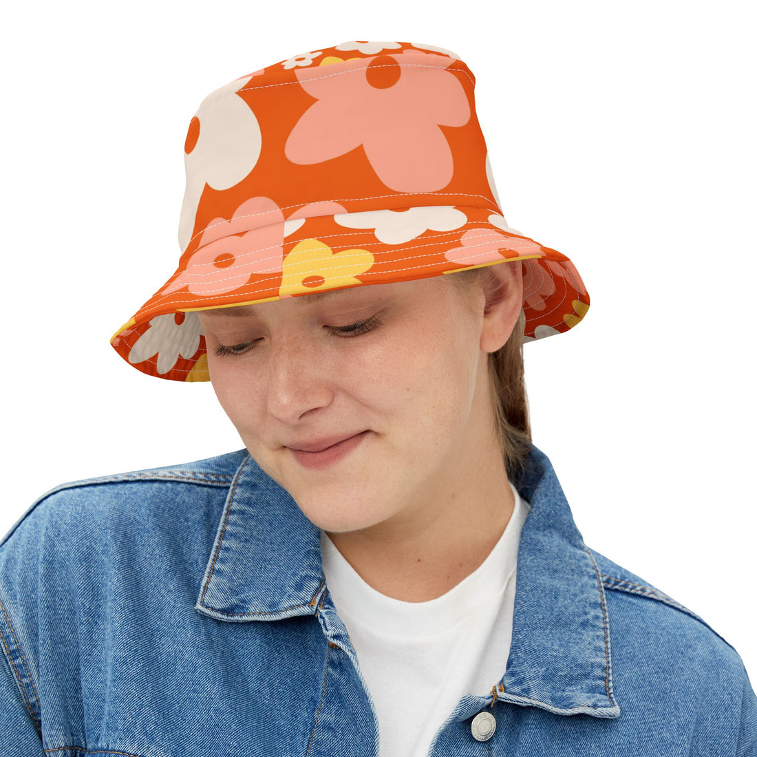 Retro 70s Flower Power  Floral Bucket Hat - Vibrant Summer Style for Festivals and Casual Outings - Mid Century Modern Gal