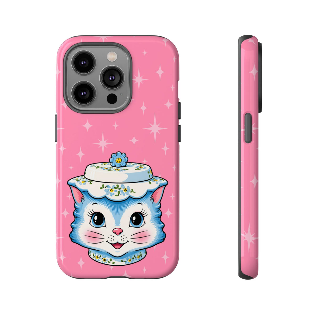 Mid Century Modern Kitschy Anthropomorphic Blue Cat with Floral Hat Tough Phone Case