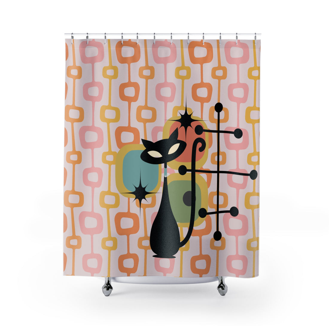 Atomic Cat Pink, Orange, Mid Mod Retro Kitschy 50s Style Shower Curtain - Mid Century Modern Gal