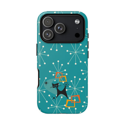 Atomic Space Cat, Starburst Blue, Retro Groovy Smart Phone Tough Phone Cases