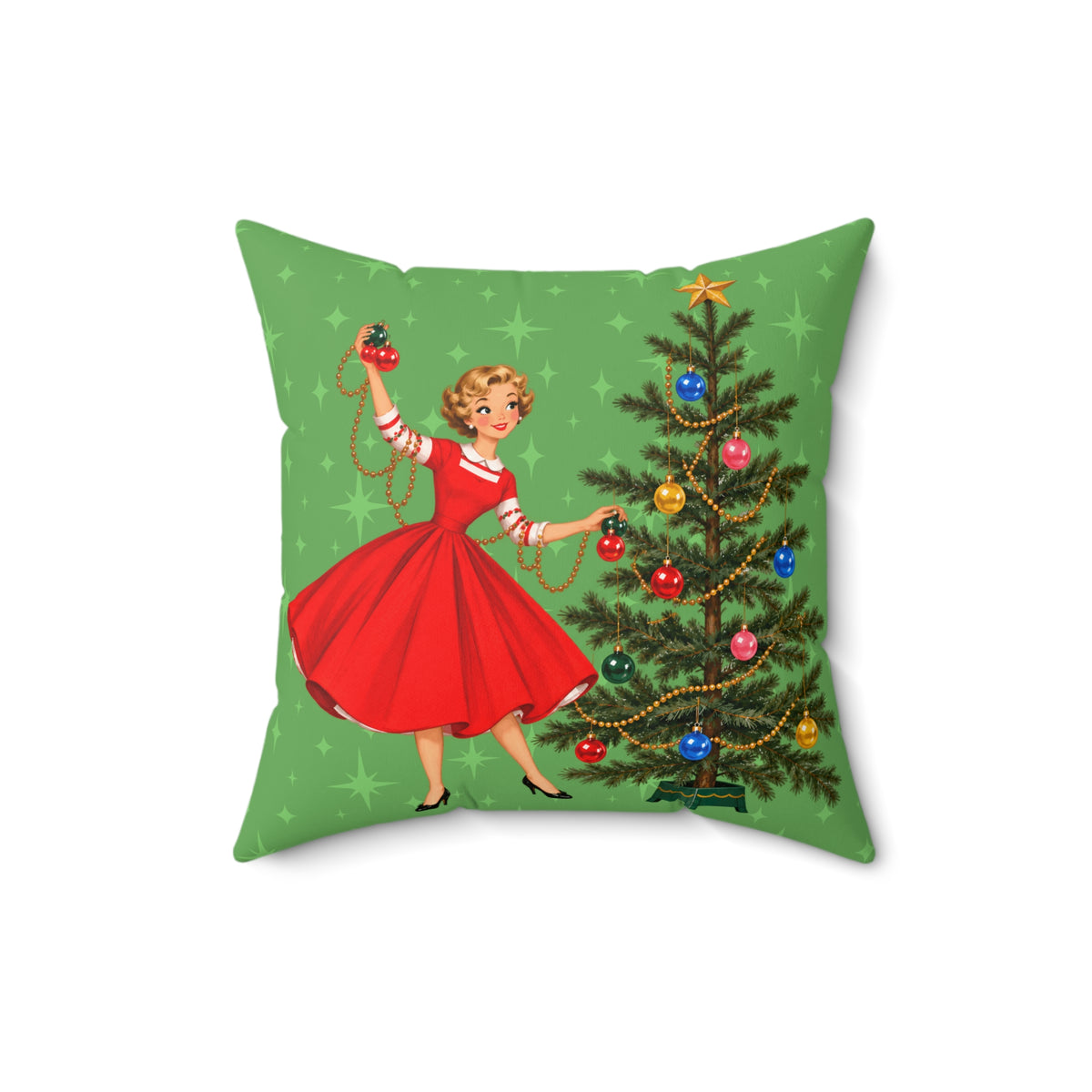 Mid Century Modern Gal Decorating Christmas Tree, Green Atomic Starbursts Pillow Cover and Insert