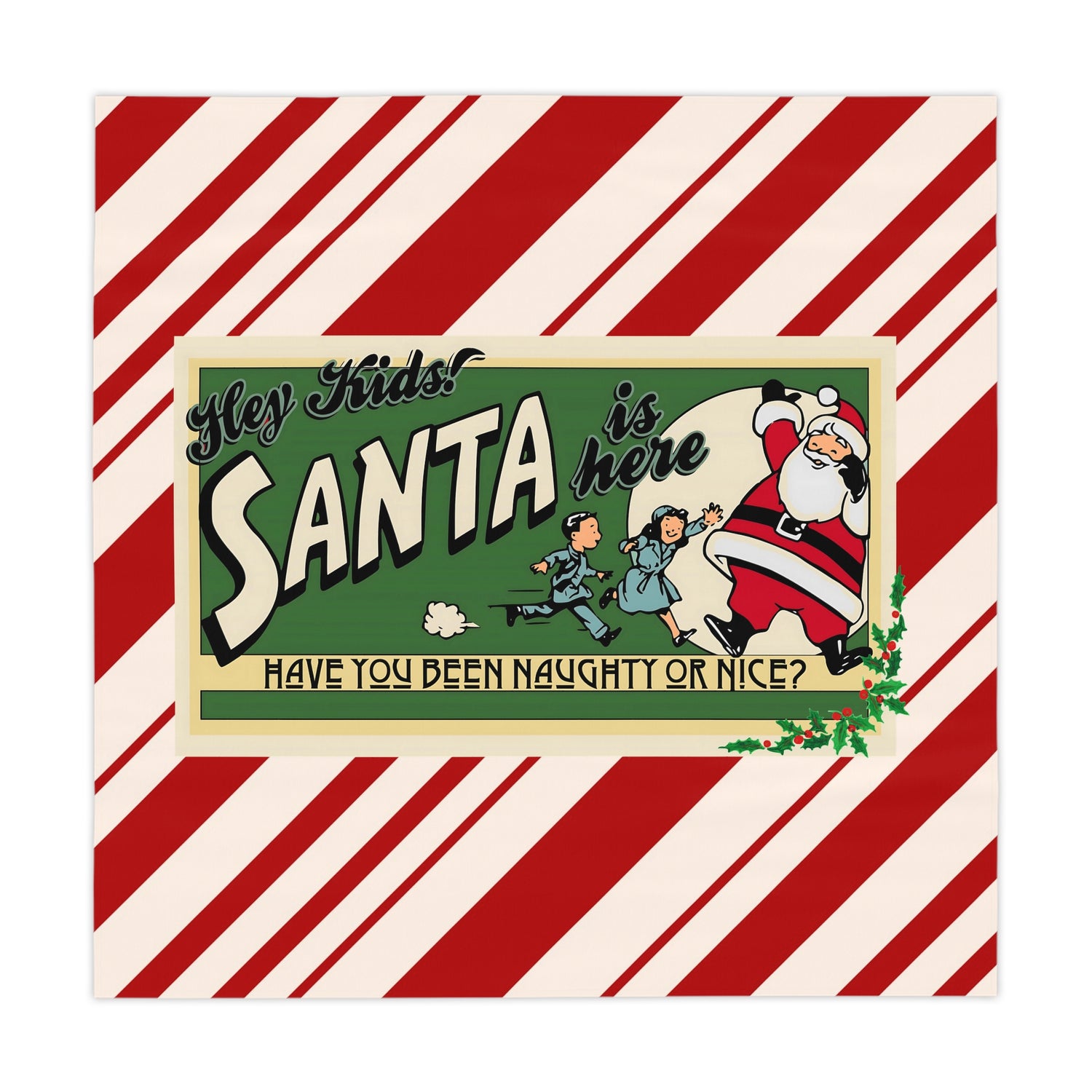 Retro Vintage Fun Red And White Candy Cane Striped Kitschy Santa 50s Christmas Ad Tablecloth - Mid Century Modern Gal