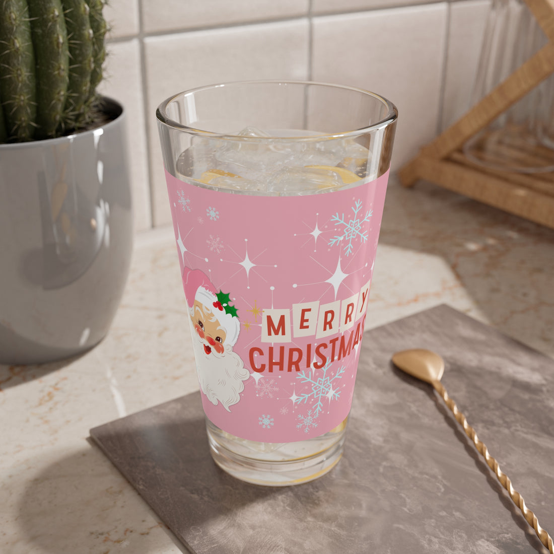 Vintage Santa, Smiling Santa Mid Century Modern Drinkware Glass - Mid Century Modern Gal