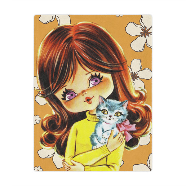 70's Flower Power Pillow, Big Eyed Girl, Violet, Brown Reddish Auburn Hair, Sweet Days Of the 70's, Kitschy Kittie Cat, Retro Minky Blanket