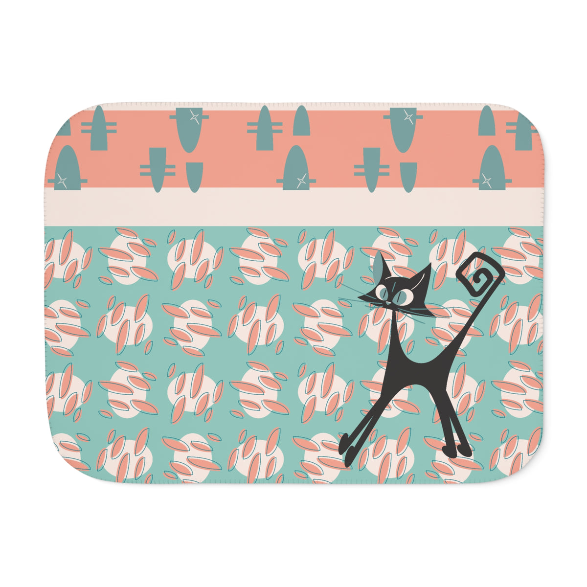 Mid Century Modern Atomic Cat Coral, Aqua Blue, Mid Mod Throw Blanket - Mid Century Modern Gal
