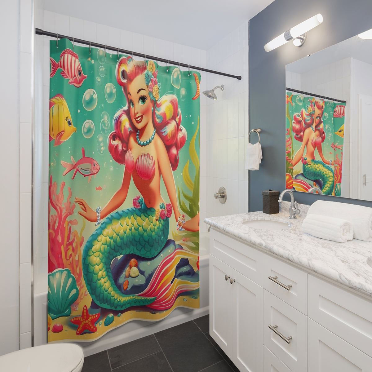 Whimsical Mermaid, Kitschy 50s Colorful Fun MCM Shower Curtain - Mid Century Modern Gal